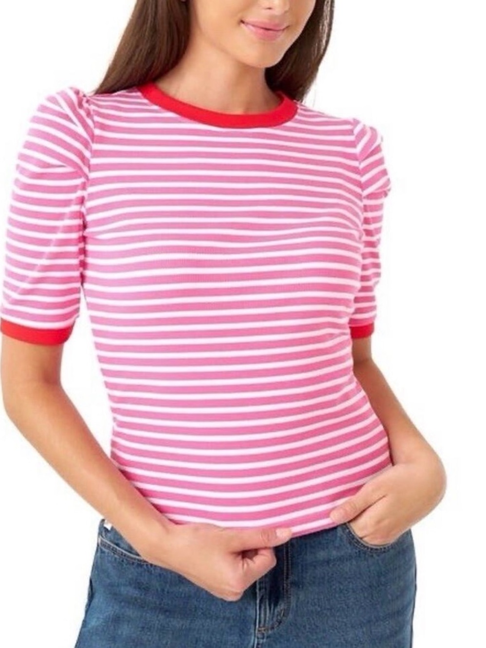 Rebecca Minkoff Pink & White Striped Short Sleeve Tee with Red Trim